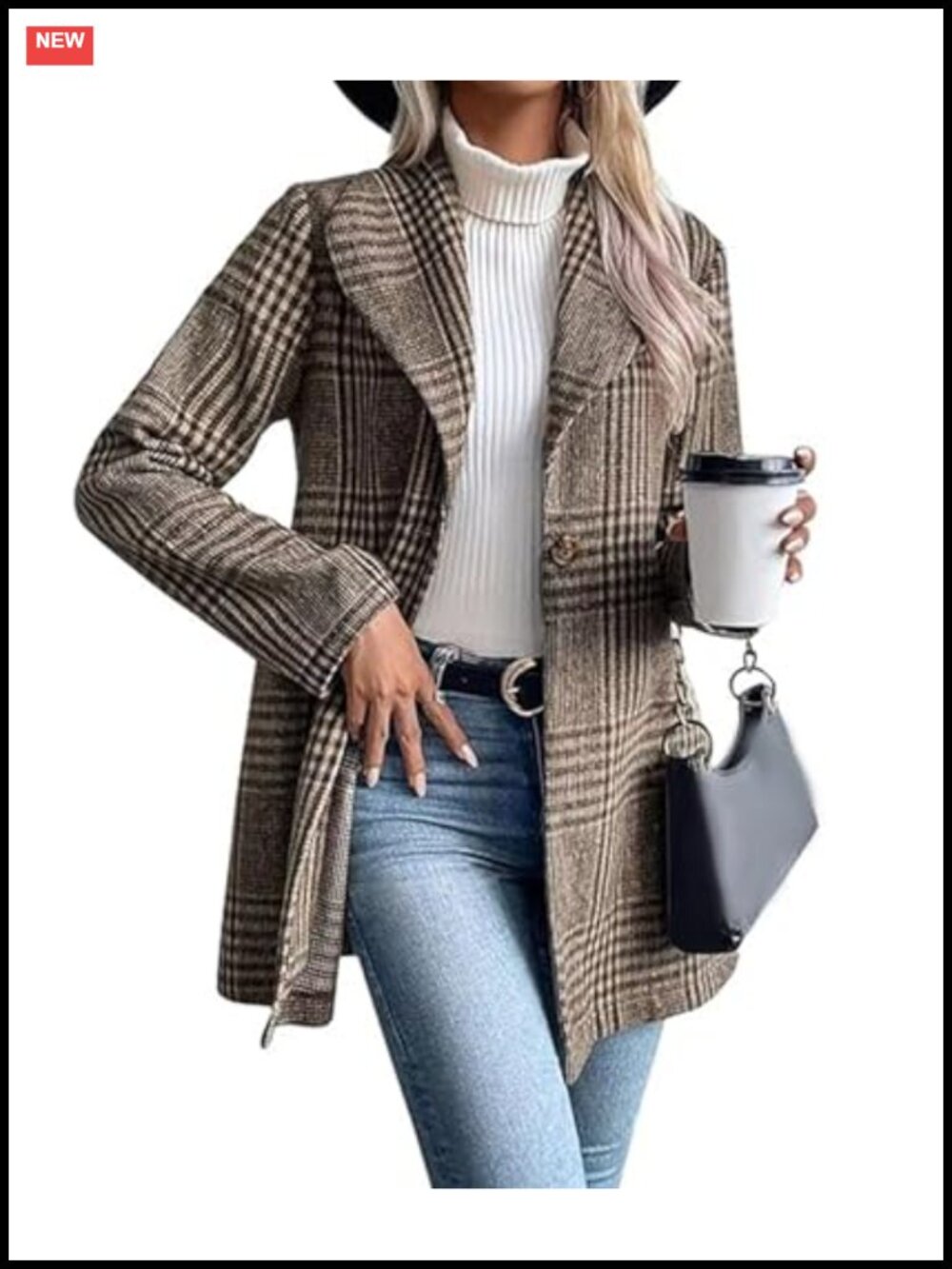 Women's Vintage Plaid Wool Blend Blazer Shawl Collar Trench Coat